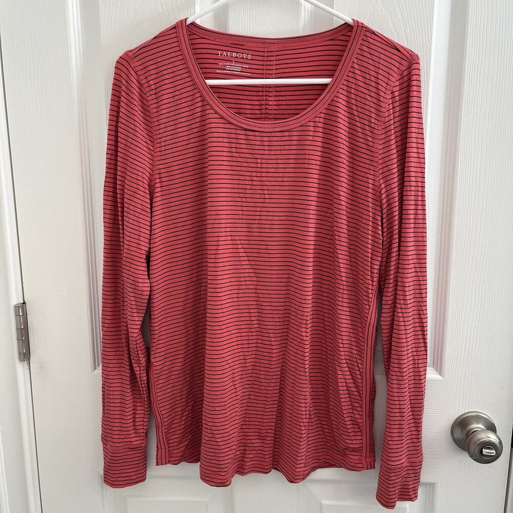 Talbots Striped Tee Long Sleeve Top Women's Large Coral Minimalist Quiet Luxury